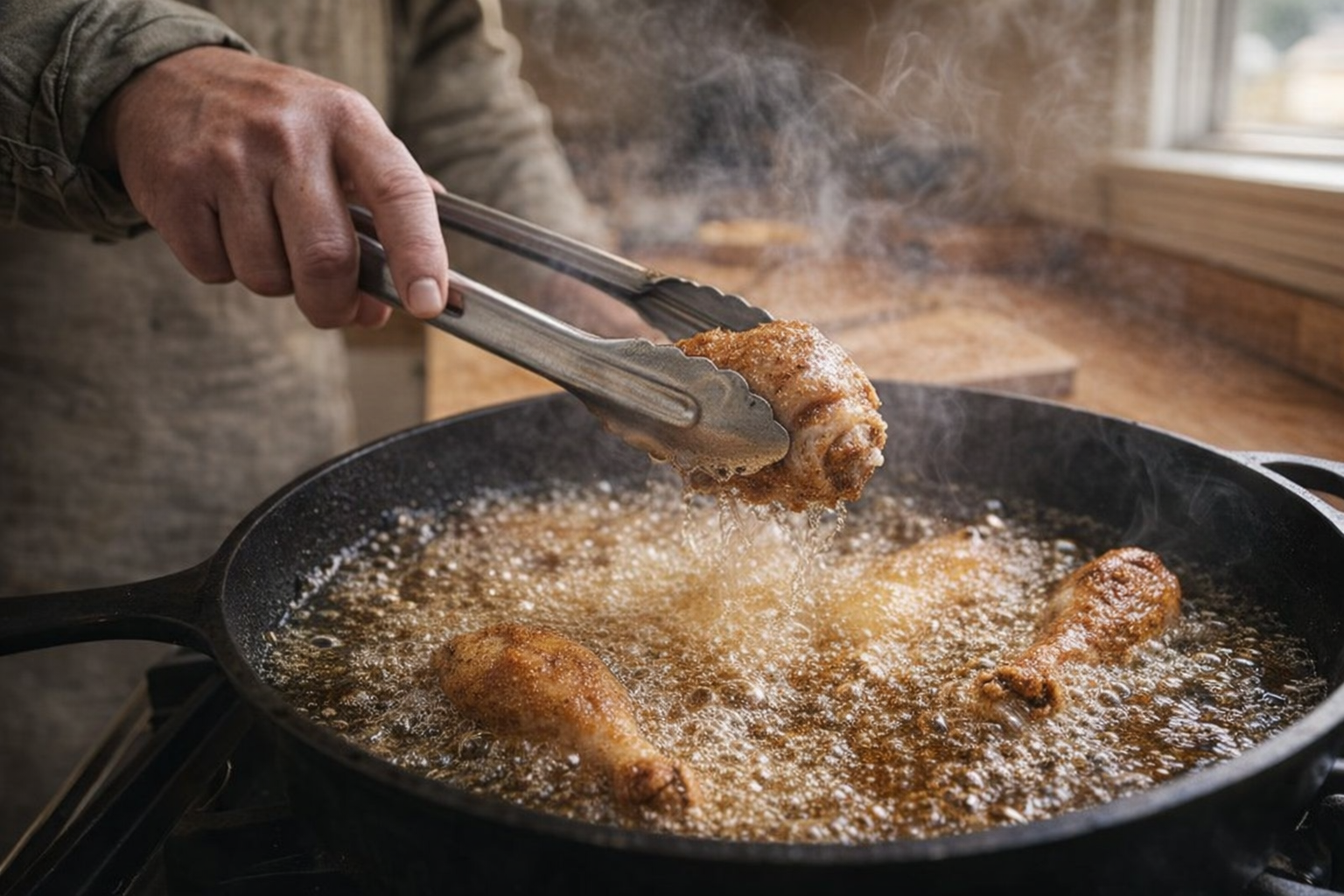 A side-angle shot of chicken drumsticks being carefully lowered into hot oil with tongs, bubbles vigorously forming around the chicken, with steam rising, warm kitchen lighting